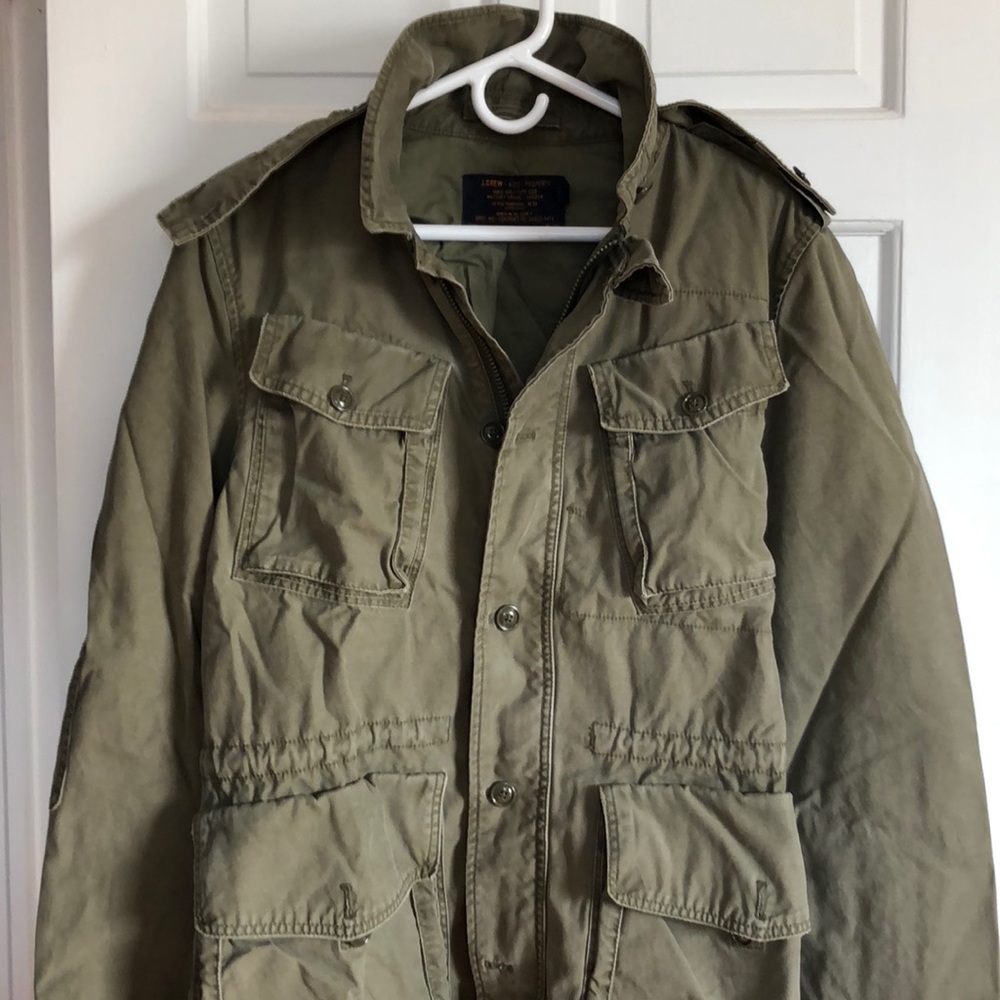 A J. Crew olive green field jacket.